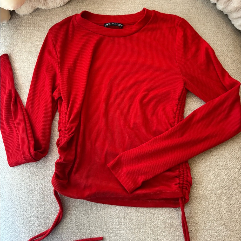 Zara Vibrant Red Ribbed Side-Tie Long Sleeve Top